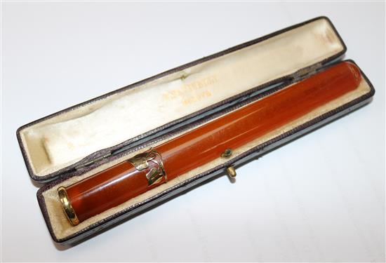 An amber cigarette holder in case, 5.25in.